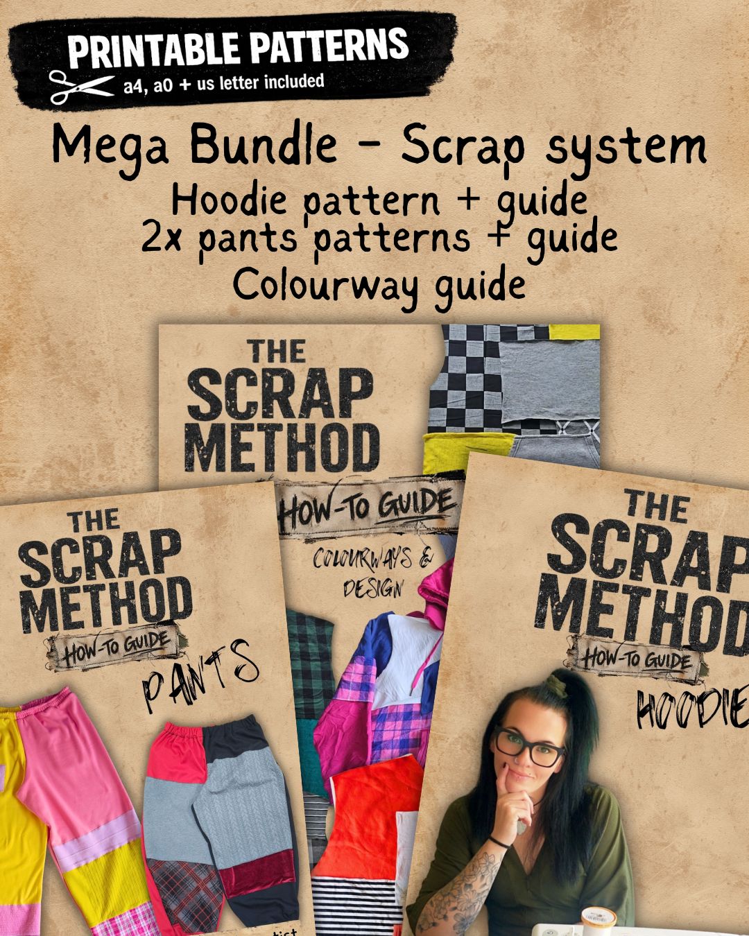 Complete Scrap Method - Hoodie & Pants patterns & guides, + Colourway guide digital download pdf a4, USLetter & a0