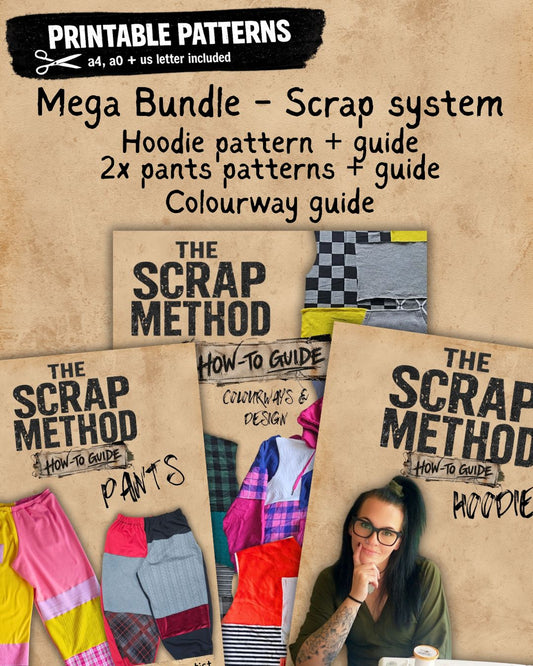 Complete Scrap Method - Hoodie & Pants patterns & guides, + Colourway guide digital download pdf a4, USLetter & a0
