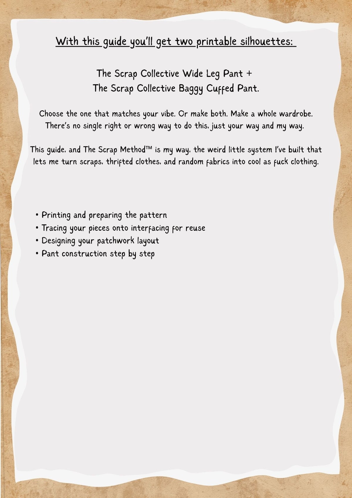 The Scrap Method: Pants - How To Guide + 2 Printable patterns(Wide Leg + Cuffed bottom)