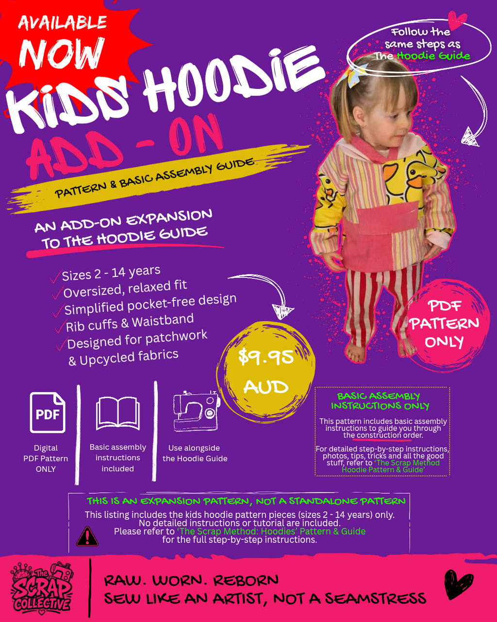Kids Hoodie Add-On Pattern (Size 2 - 14 Years)